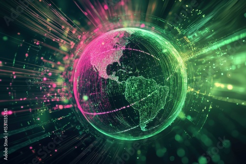 Digital representation of the earth, with glowing lines and dots.