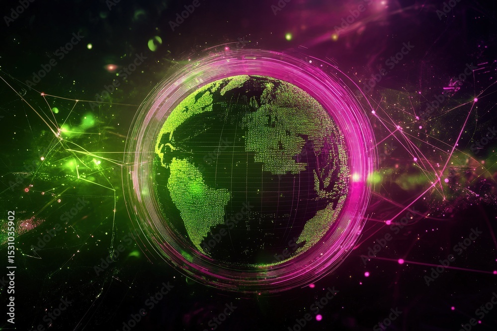Obraz premium Digital representation of the world globe with glowing lines and dots.