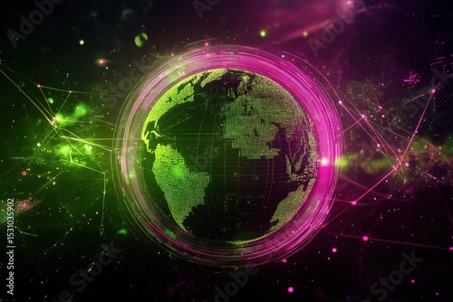 Digital representation of the world globe with glowing lines and dots.