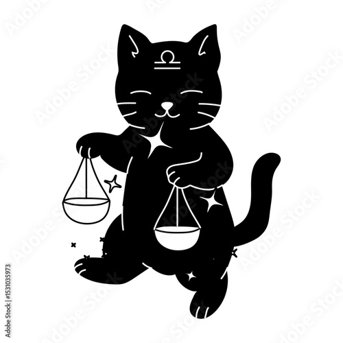 Cat surrounded by Libra zodiac sign symbol, representing balance and harmony, often associated with astrology, air element, and fairness