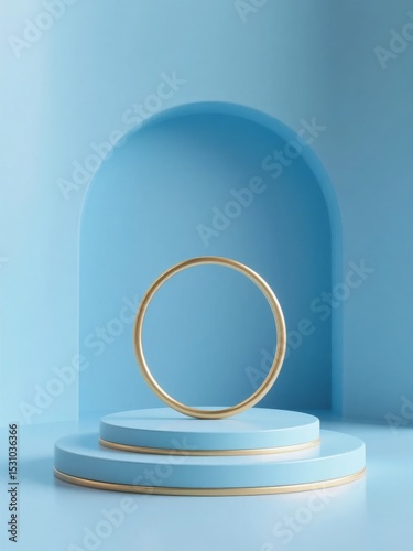 Minimalist blue podium with a golden ring, set against a soft blue background.