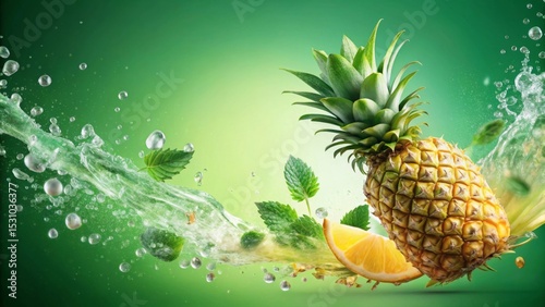 Refreshing Pineapple and Citrus Burst with Splashing Water and Mint Leaves