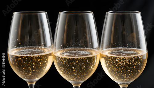 Title: Three Champagne Glasses with Sparkling Golden Bubbles Against Dark Background, Elegant Celebration Concept