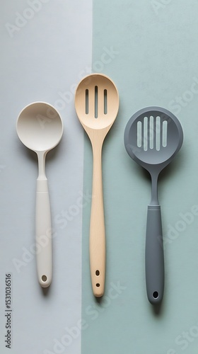 Kitchen Utensils Beige Ladle, Slotted Spoons in Wood & Grey Isolated on Pastel Background