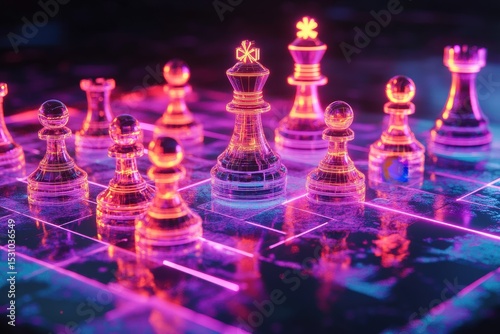 Digital chess pieces arranged on a glowing board.