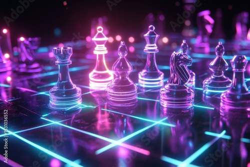 Neon-lit chess pieces on a glowing board.