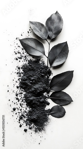 Leafy Black Branch with Fine Powder Arrangement on White Background, Organic Concept