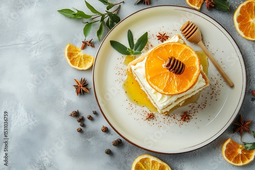 Layered Pastry with Orange Slice and Honey, Fresh Herbs on Plate, Gray Textured Table