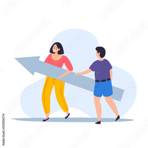 Two people collaborate to carry a large arrow forward with determination