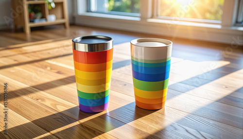 Two brightly colored self-stirring tumblers whirling coffee on a wooden floor capturing a dynamic and fun vibe