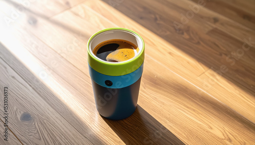 Brightly colored self-stirring tumbler whirling coffee in dynamic motion creating a playful mood on a table