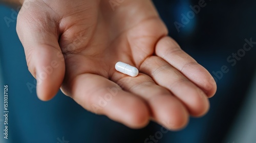 Close-up of a hand holding a pill in a delicate manner, unsure about taking it. 