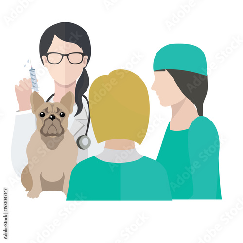 Veterinarian giving a vaccine to a dog with assistants present illustration