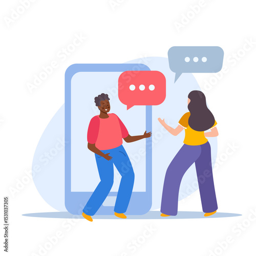 Virtual communication depicted with diverse friends chatting online via smartphone