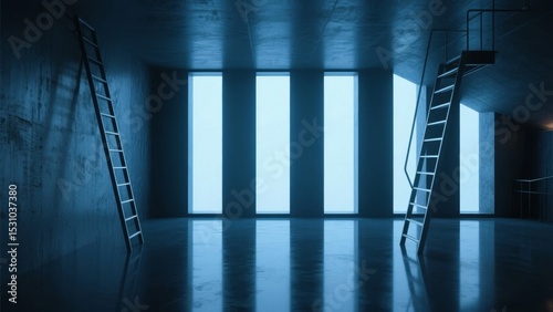 Dark room with two ladders leading to illuminated vertical panels