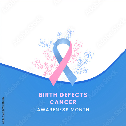 Blue and pink ribbon with flower awareness graphic for International Birth Defect Awareness Month banner.
