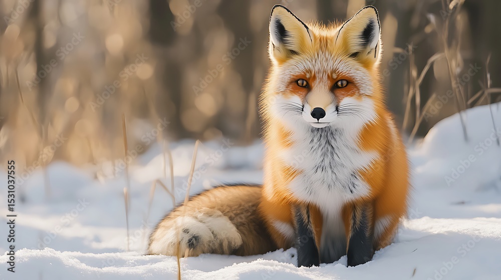 Fototapeta premium Fox Resting in Snow During Winter Day with Soft Light