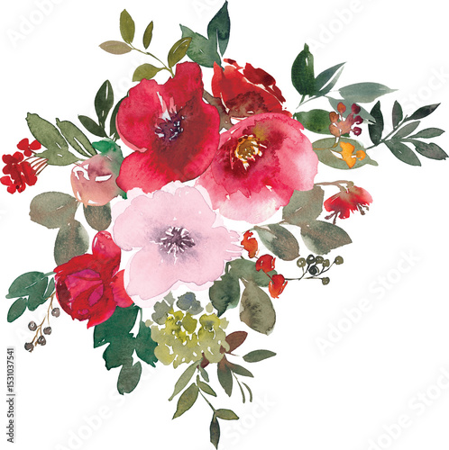 Fototapeta Naklejka Na Ścianę i Meble -  red and white flowers watercolor wreath frame clipart cutout