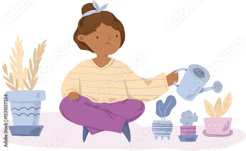 Woman gardening watering plants with watering can in a cozy indoor setting