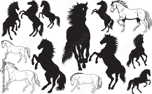 Horse Silhouettes – Solid Black & Outline Vector Set