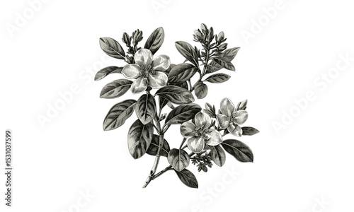 Pittosporum Viridiflorum engraving, vintage floral illustration, botanical vector illustration, garden greenery, natural history art, classic plant drawing, ornamental leaves.
