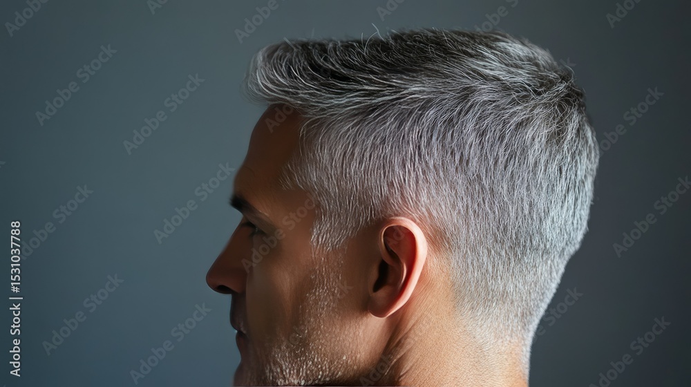 Obraz premium Mature man's head with neatly cut salt-and-pepper hair, captured in profile with sharp focus.