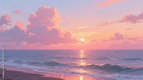 Serene Sunset Over the Ocean with Pink and Orange Clouds