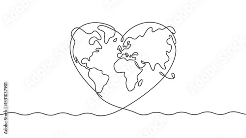World Map in Heart Shape Continuous Line Art Illustration