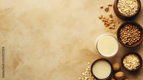 Milk with oats, soy and walnuts in wooden bowls on a tan surface, overhead view