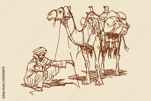 Camel caravan with desert nomad, loose ink sketch vector illustration

