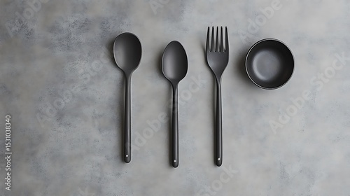 Minimalist Black Kitchen Utensils Spoons, Fork, and Bowl on Gray Textured Surface
