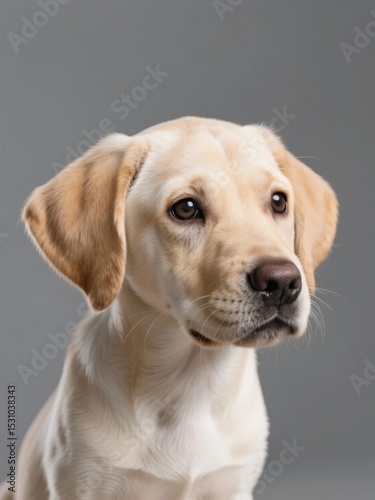 A light-colored puppy with soft fur and expressive eyes against a neutral background