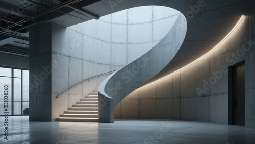 Modern Spiral Staircase with Concrete Walls and Ambient Lighting