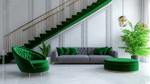 Creative interior with large stairs, gray sofa and green velor armchair against light walls. 