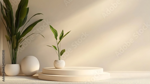 Minimalist Still Life, Green Plants, White Pots, Beige Two Tier Display Platform