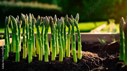Fresh green asparagus shoots growing in garden soil, bathed in warm sunlight during the spring season, healthy food concept