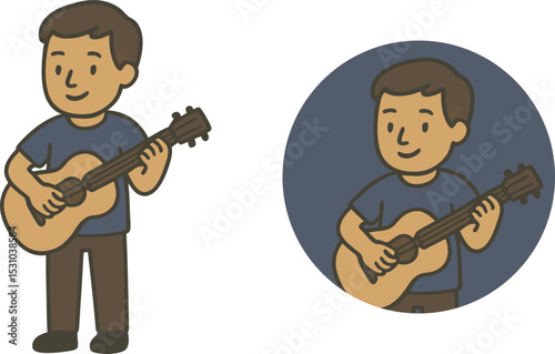 Flat icon of a musician playing guitar, wearing casual clothes. Cartoon vector flat style on transparent background