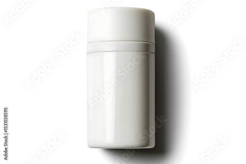 Minimalist White Glossy Bottle with Cap on White Background, Studio Shot, Simple Design