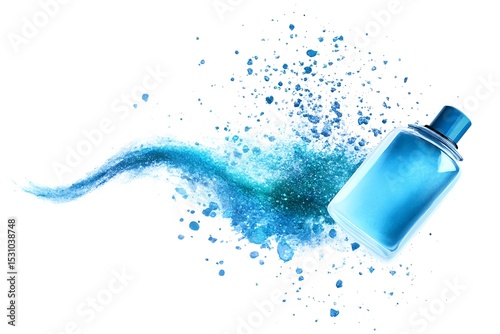Modern Blue Glass Bottle with Spreading Abstract Watercolor Effect on White