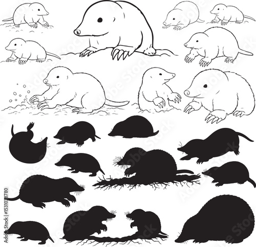 Mole Silhouettes – Solid Black & Outline Vector Set