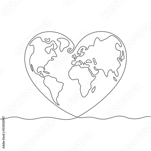 One Line Art World Map Inside Heart Shape Illustration