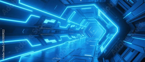 Futuristic Corridor with Blue Neon Lights