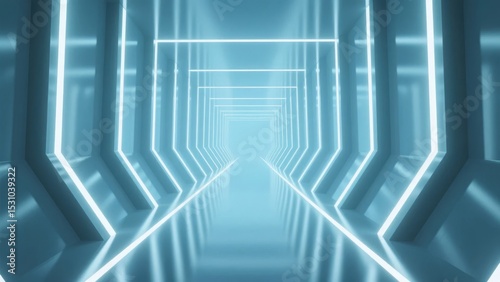 Infinite Blue Neon Tunnel with Geometric Patterns