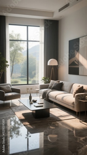 Modern Living Room with Large Windows and Reflective Floor