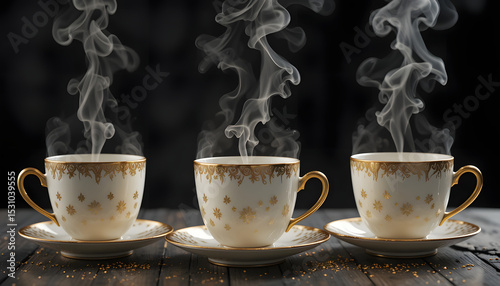 Title: Elegant White Teacups with Gold Accents and Rising Steam, Sophisticated Tea Presentation