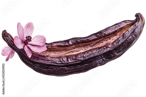 Open Brown Vanilla Bean Pod with Pink Orchid Flower on Transparent Background