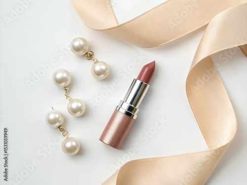 Nude lipstick with pearl earrings and silk ribbon on white background