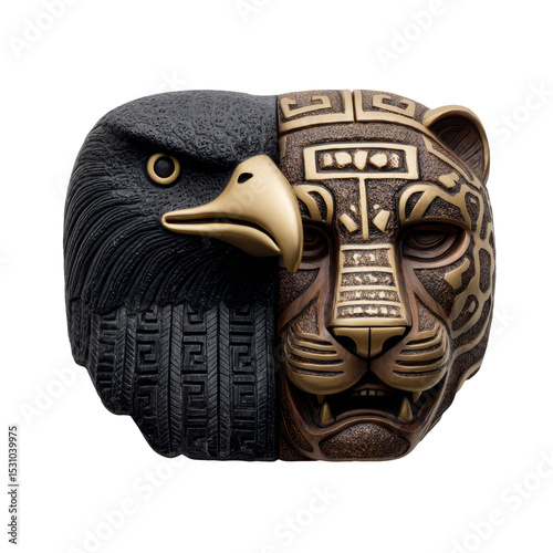 Top view of an eagle and jaguar masks on a sacrificial altar, symbolizing a spiritual journey and cultural beliefs.