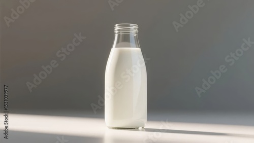 Glass Bottle Filled with Milk on a Neutral Background