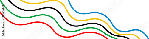 Dynamic diagonal wave lines in red, green, black, yellow, and blue, creating a modern and symbolic pattern with an international and energetic feel
